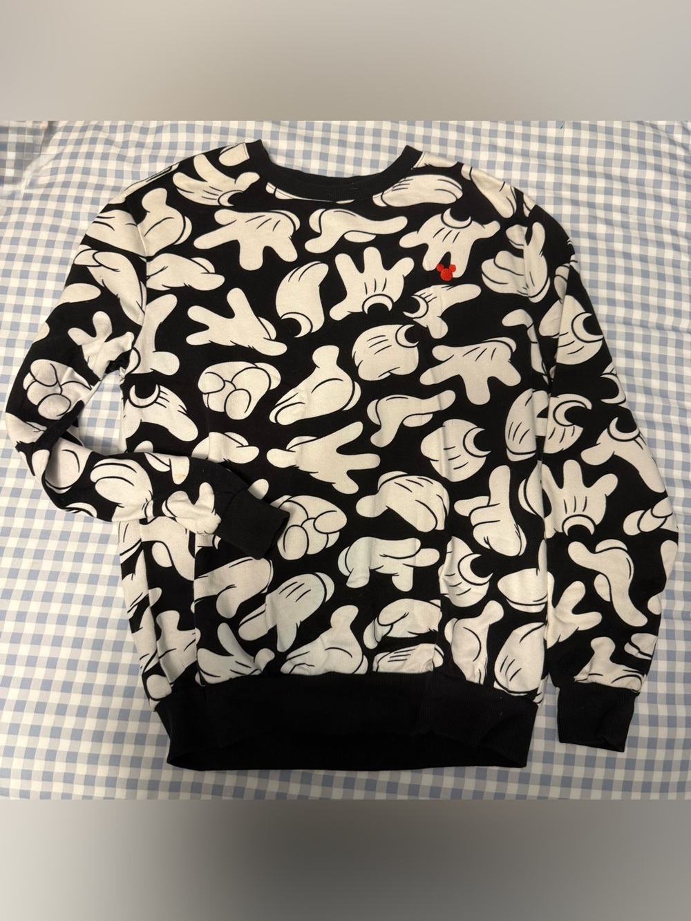 Disney Black Crewneck Sweatshirt with White Glove Print and Red Detail